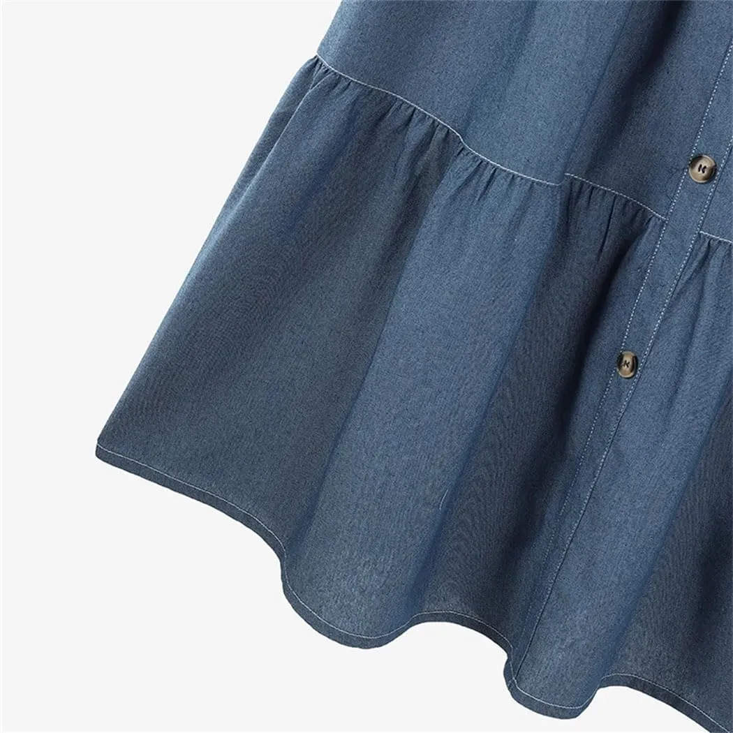 Women's Blue Denim A-Line Skirt Elastic Waist Casual Overskirt, Solid Color Loose Fit for Work & Holiday
