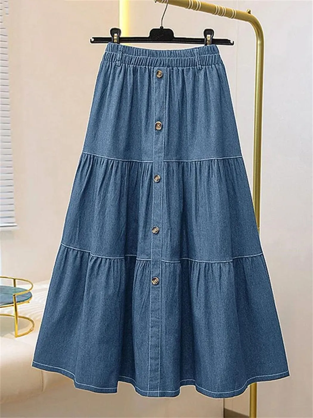 Women's Blue Denim A-Line Skirt Elastic Waist Casual Overskirt, Solid Color Loose Fit for Work & Holiday