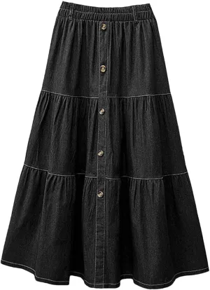Women's Blue Denim A-Line Skirt Elastic Waist Casual Overskirt, Solid Color Loose Fit for Work & Holiday