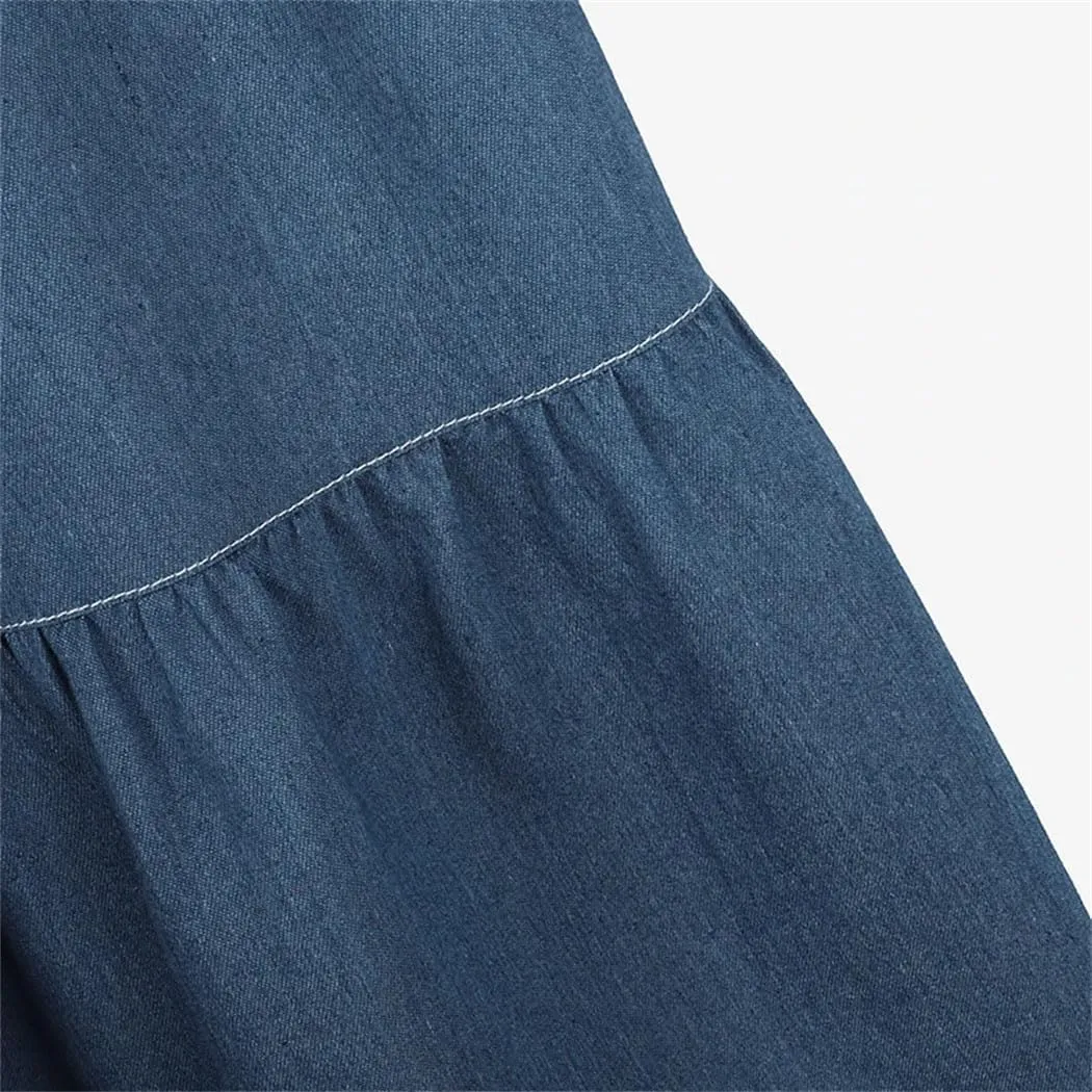 Women's Blue Denim A-Line Skirt Elastic Waist Casual Overskirt, Solid Color Loose Fit for Work & Holiday