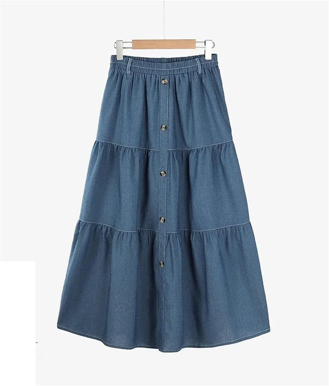 Women's Blue Denim A-Line Skirt Elastic Waist Casual Overskirt, Solid Color Loose Fit for Work & Holiday