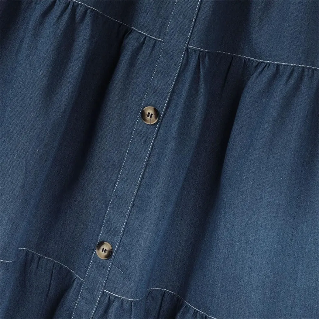 Women's Blue Denim A-Line Skirt Elastic Waist Casual Overskirt, Solid Color Loose Fit for Work & Holiday