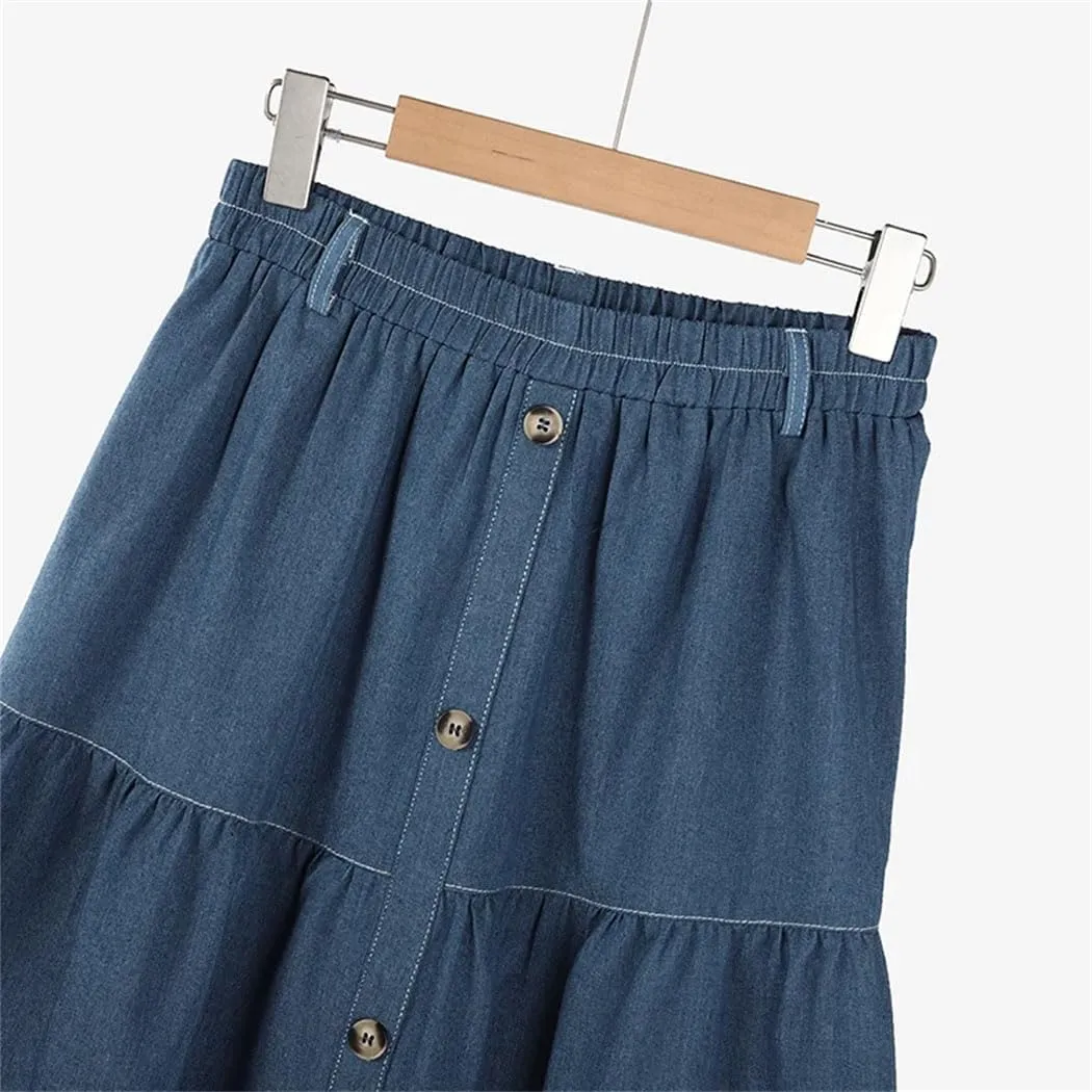 Women's Blue Denim A-Line Skirt Elastic Waist Casual Overskirt, Solid Color Loose Fit for Work & Holiday