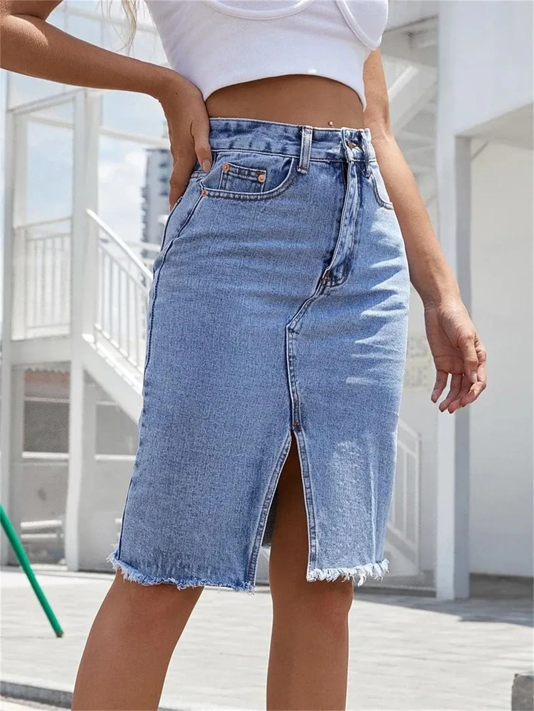Women's Blue Denim A-Line Skirt High Waist Front Slit Zipper Fly Knee-Length Streetwear Casual Skirt