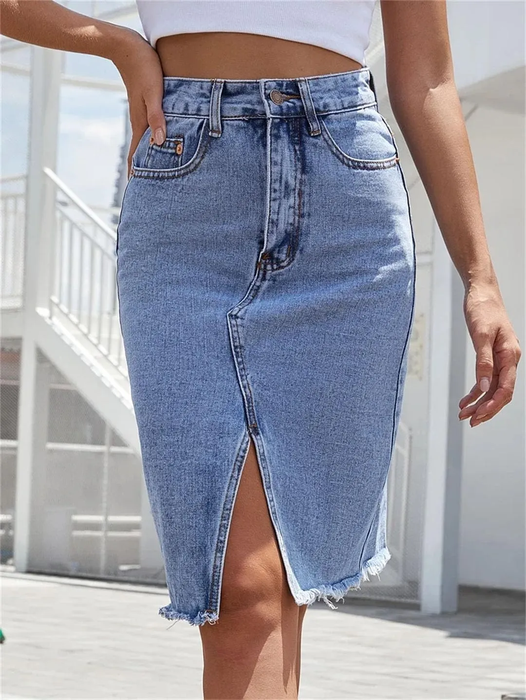 Women's Blue Denim A-Line Skirt High Waist Front Slit Zipper Fly Knee-Length Streetwear Casual Skirt