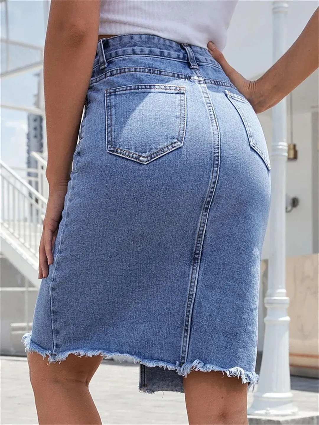 Women's Blue Denim A-Line Skirt High Waist Front Slit Zipper Fly Knee-Length Streetwear Casual Skirt