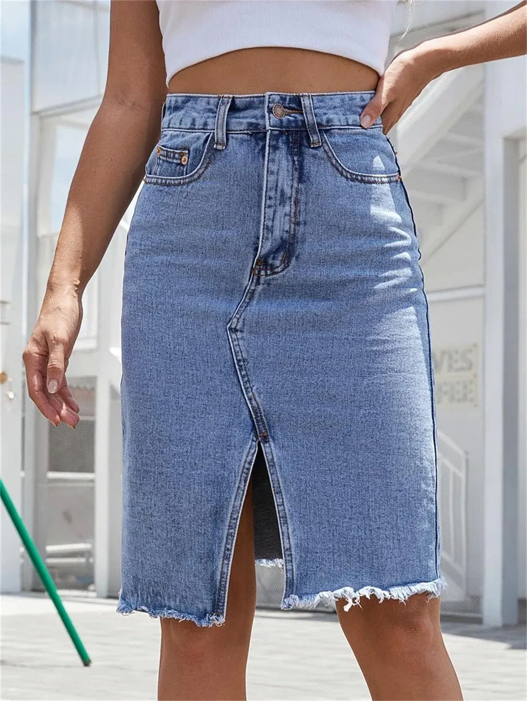 Women's Blue Denim A-Line Skirt High Waist Front Slit Zipper Fly Knee-Length Streetwear Casual Skirt