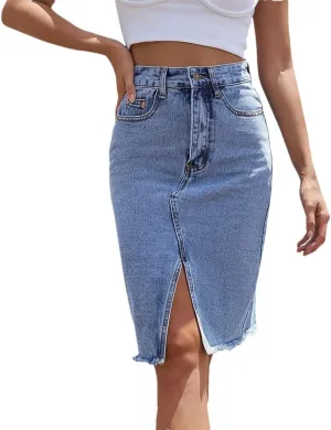 Women's Blue Denim A-Line Skirt High Waist Front Slit Zipper Fly Knee-Length Streetwear Casual Skirt