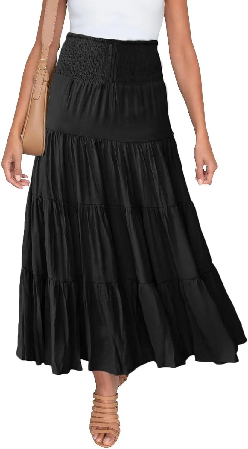 Women's Boho Elastic High Waist Pleated A-line Ruffle Midi Maxi Skirt Summer Flowy Casual Skirts Beach Holiday