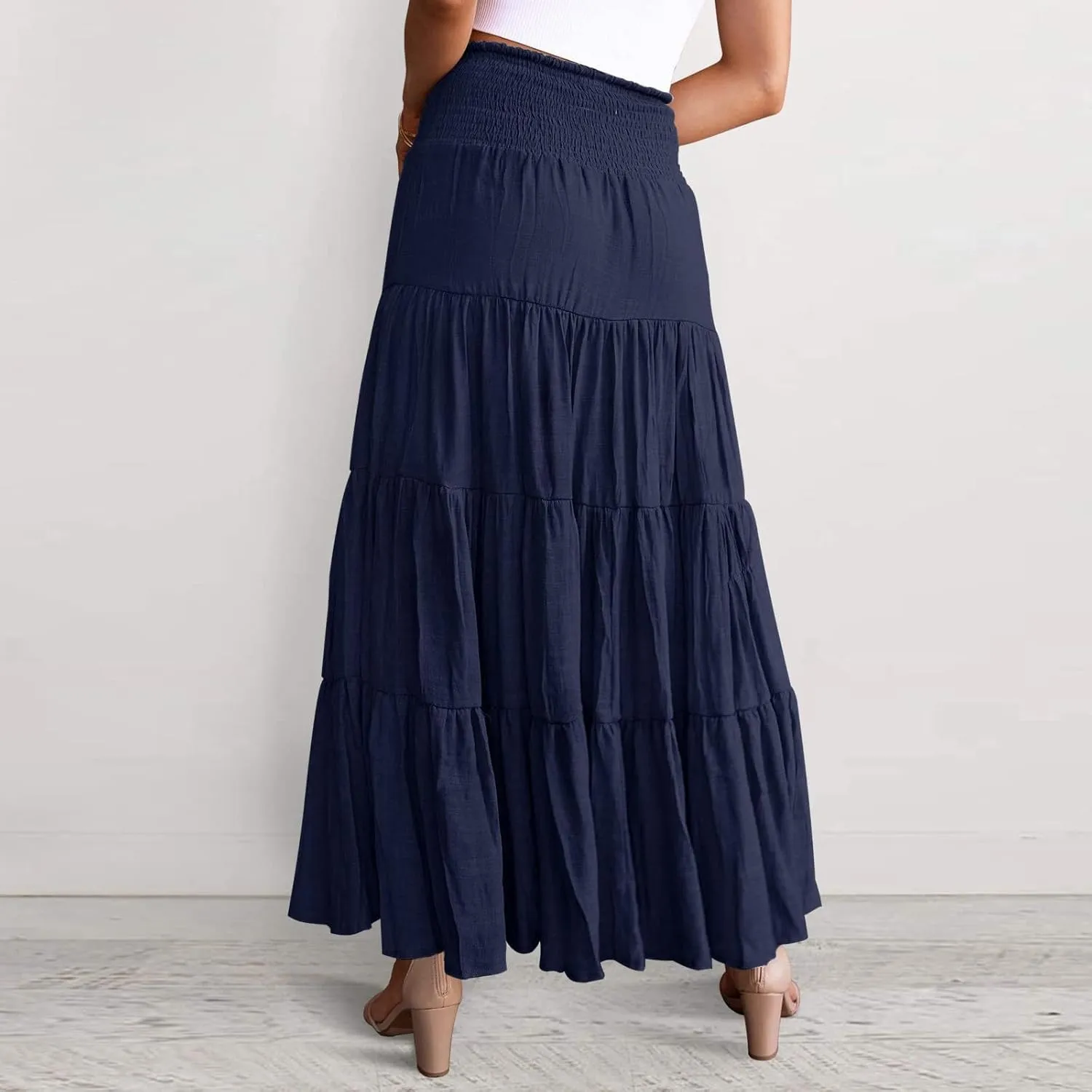 Women's Boho Elastic High Waist Pleated A-line Ruffle Midi Maxi Skirt Summer Flowy Casual Skirts Beach Holiday