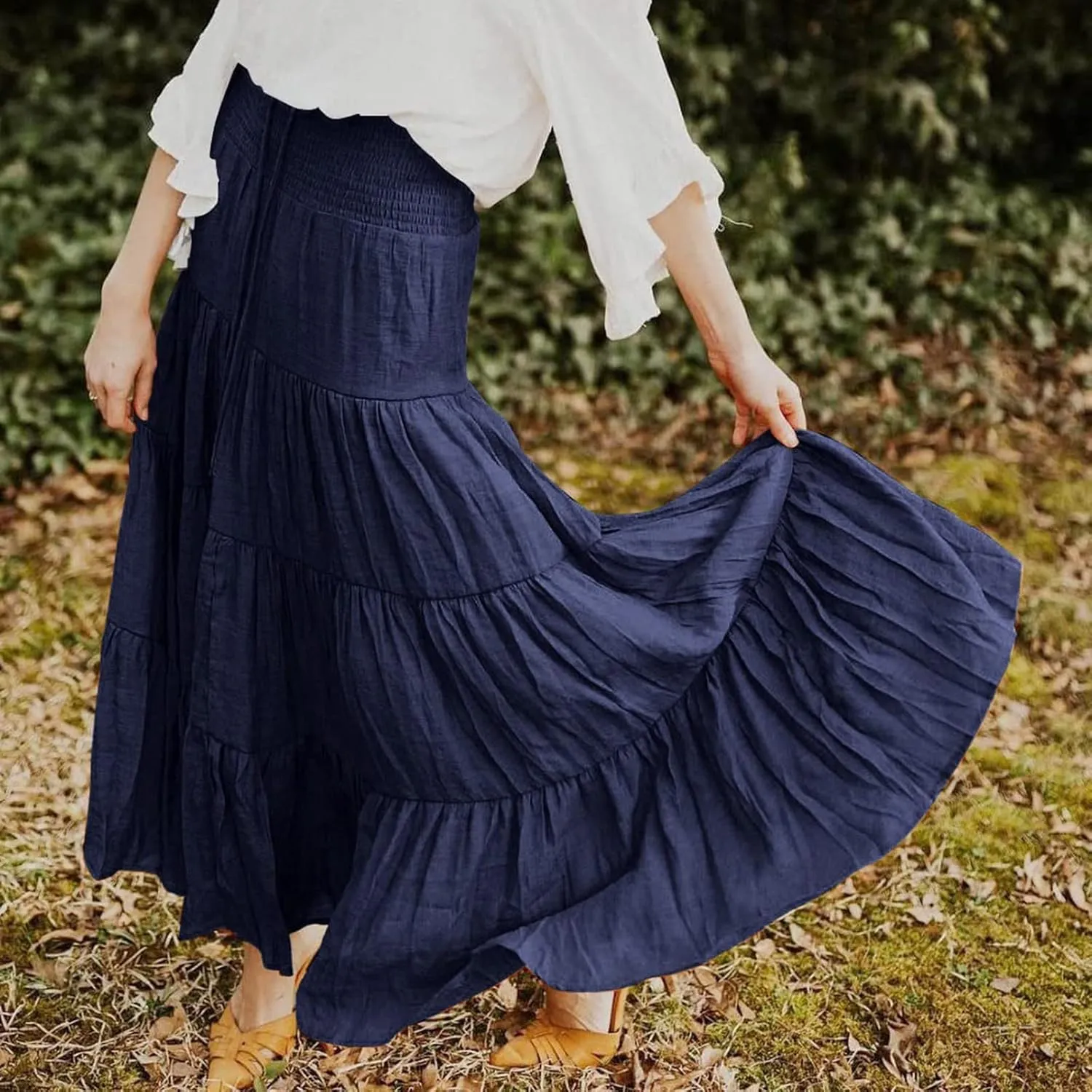 Women's Boho Elastic High Waist Pleated A-line Ruffle Midi Maxi Skirt Summer Flowy Casual Skirts Beach Holiday
