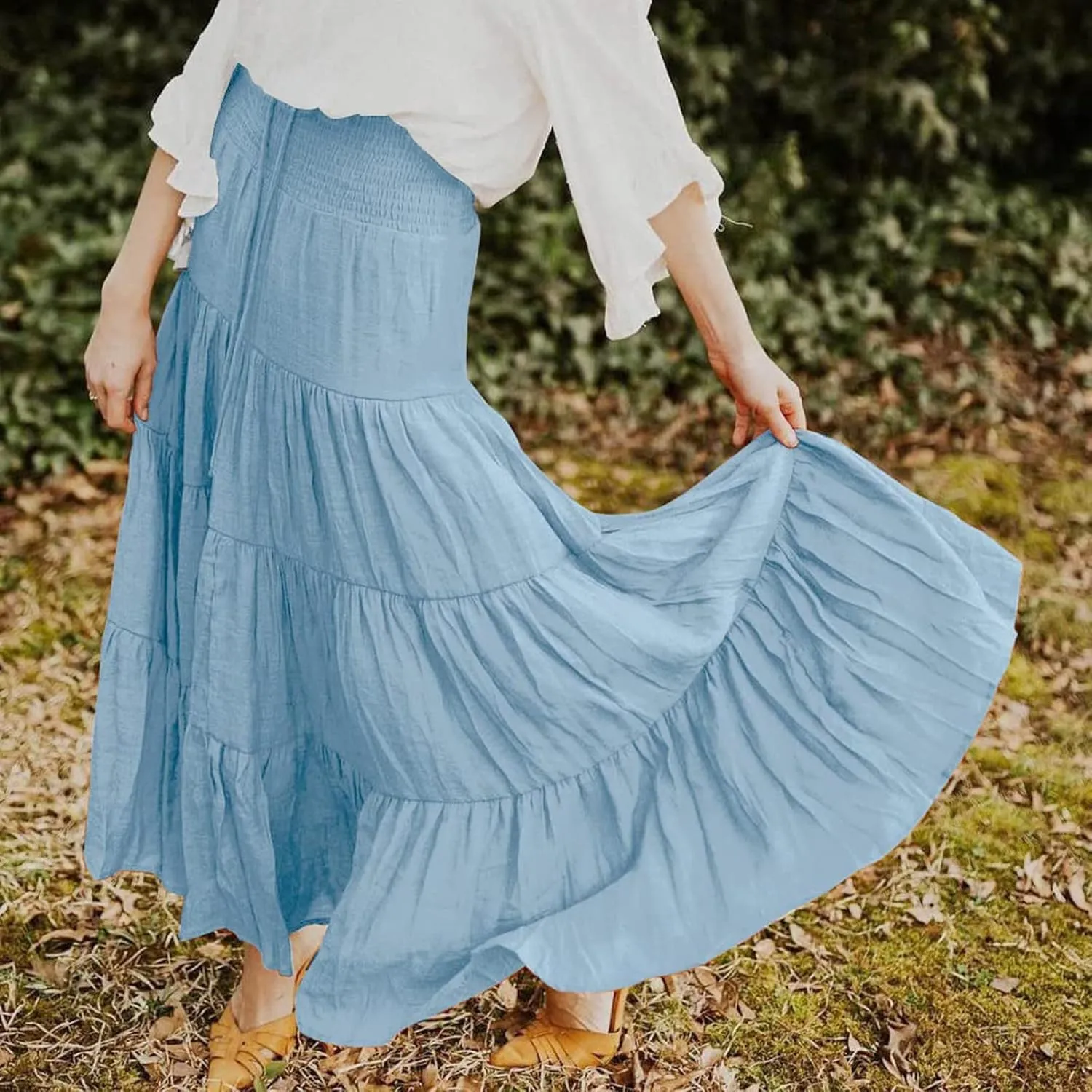 Women's Boho Elastic High Waist Pleated A-line Ruffle Midi Maxi Skirt Summer Flowy Casual Skirts Beach Holiday