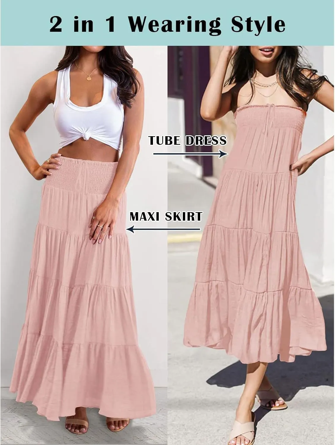 Women's Boho Elastic High Waist Pleated A-line Ruffle Midi Maxi Skirt Summer Flowy Casual Skirts Beach Holiday