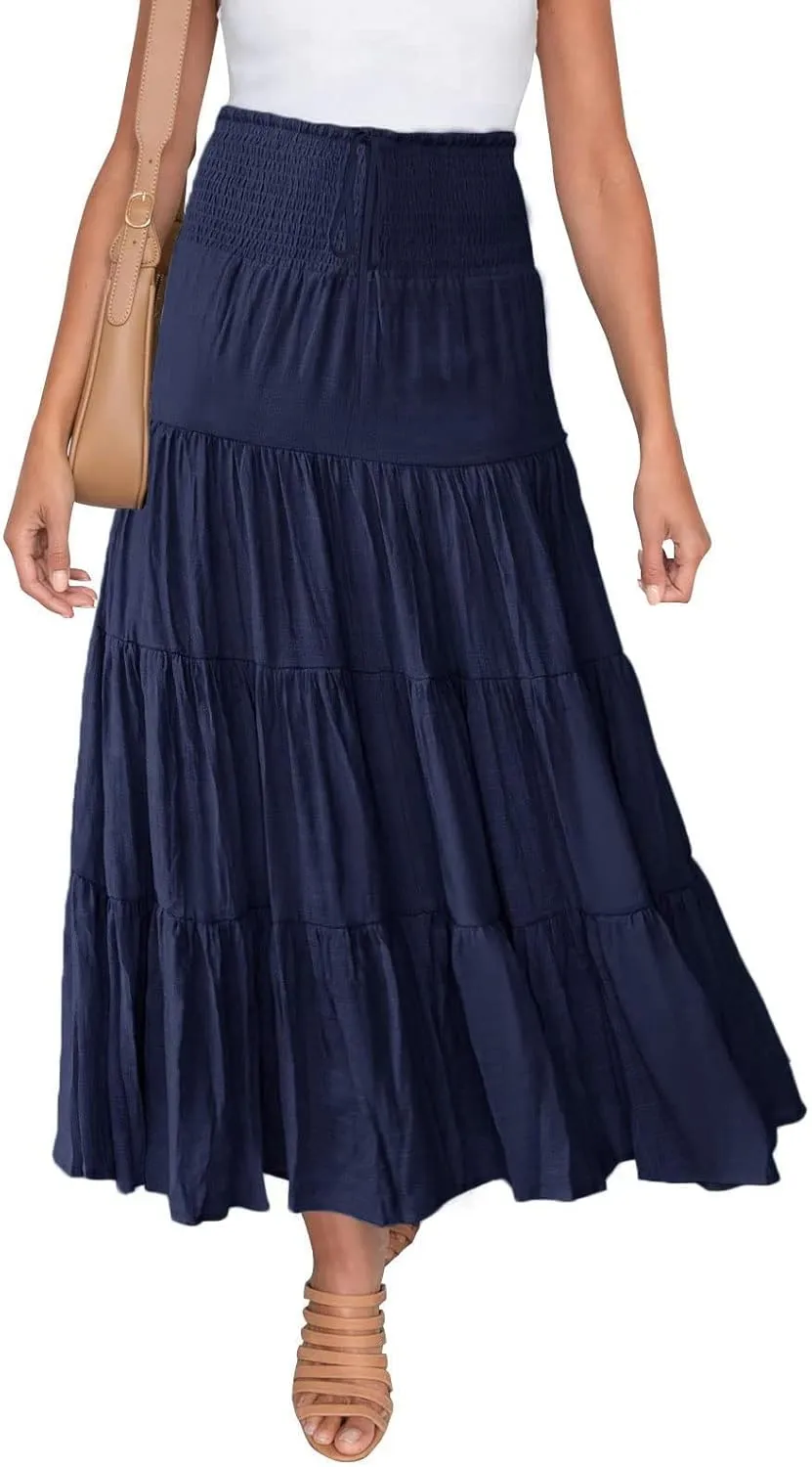 Women's Boho Elastic High Waist Pleated A-line Ruffle Midi Maxi Skirt Summer Flowy Casual Skirts Beach Holiday