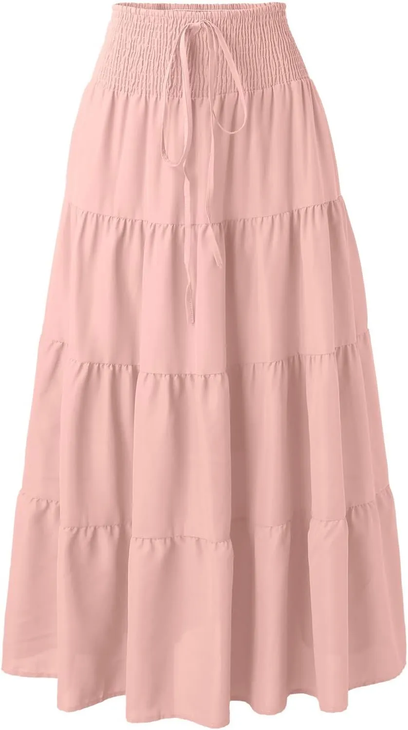 Women's Boho Elastic High Waist Pleated A-line Ruffle Midi Maxi Skirt Summer Flowy Casual Skirts Beach Holiday