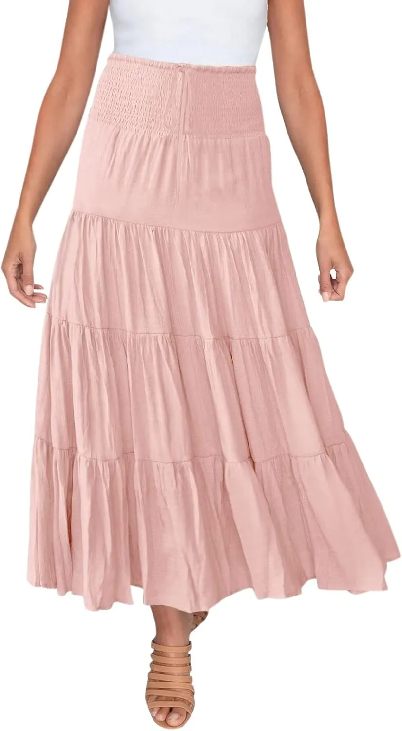 Women's Boho Elastic High Waist Pleated A-line Ruffle Midi Maxi Skirt Summer Flowy Casual Skirts Beach Holiday