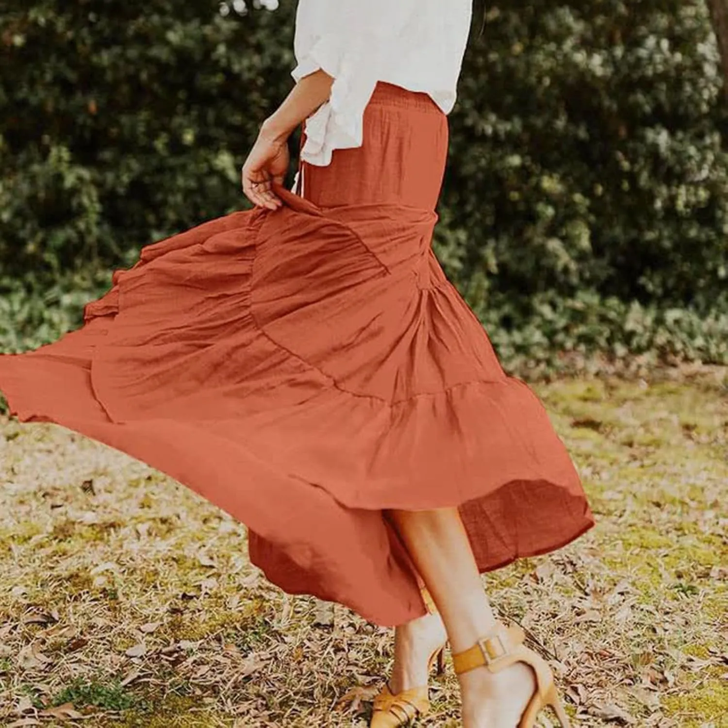 Women's Boho Elastic High Waist Pleated A-line Ruffle Midi Maxi Skirt Summer Flowy Casual Skirts Beach Holiday