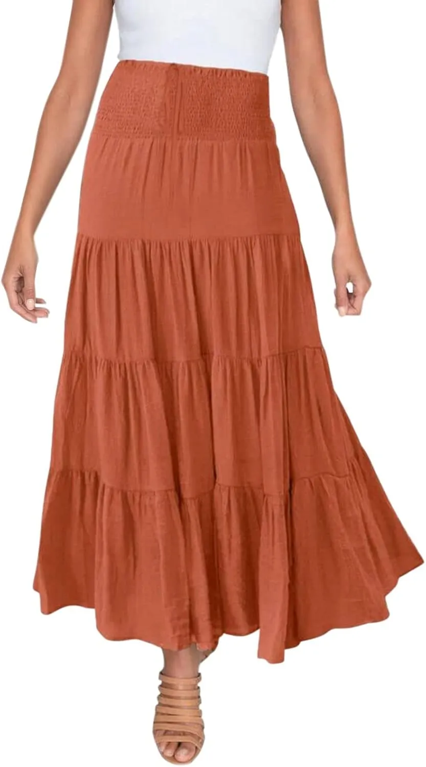 Women's Boho Elastic High Waist Pleated A-line Ruffle Midi Maxi Skirt Summer Flowy Casual Skirts Beach Holiday