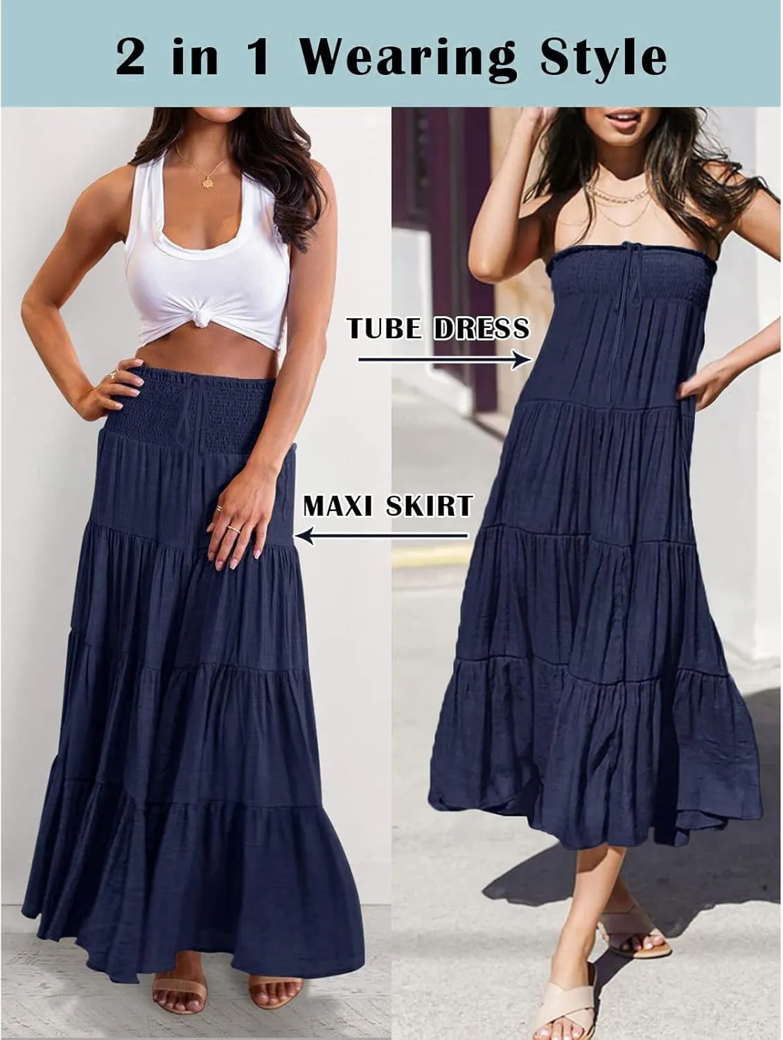 Women's Boho Elastic High Waist Pleated A-line Ruffle Midi Maxi Skirt Summer Flowy Casual Skirts Beach Holiday