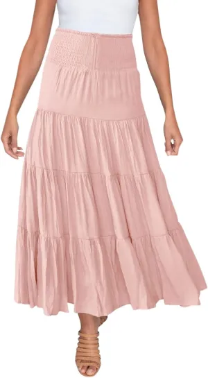 Women's Boho Elastic High Waist Pleated A-line Ruffle Midi Maxi Skirt Summer Flowy Casual Skirts Beach Holiday