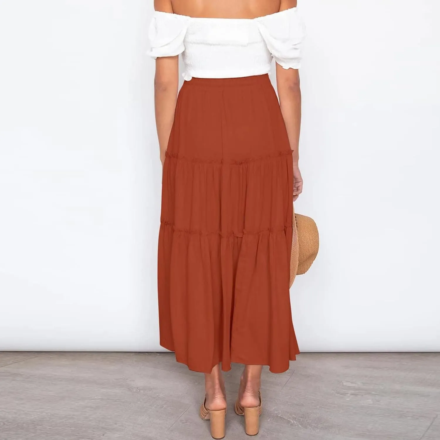 Women's Boho Elastic High Waist Pleated A-line Ruffle Midi Maxi Skirt Summer Flowy Casual Skirts Beach Holiday