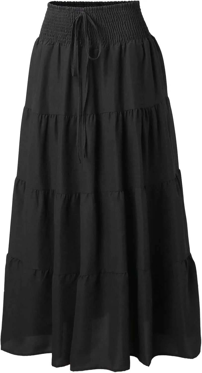 Women's Boho Elastic High Waist Pleated A-line Ruffle Midi Maxi Skirt Summer Flowy Casual Skirts Beach Holiday