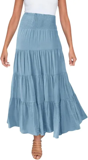 Women's Boho Elastic High Waist Pleated A-line Ruffle Midi Maxi Skirt Summer Flowy Casual Skirts Beach Holiday