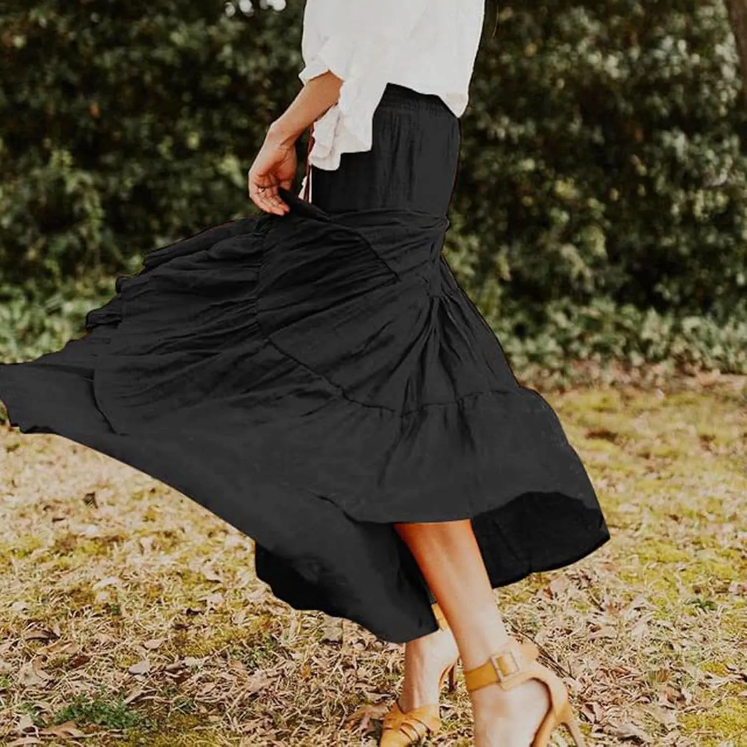 Women's Boho Elastic High Waist Pleated A-line Ruffle Midi Maxi Skirt Summer Flowy Casual Skirts Beach Holiday