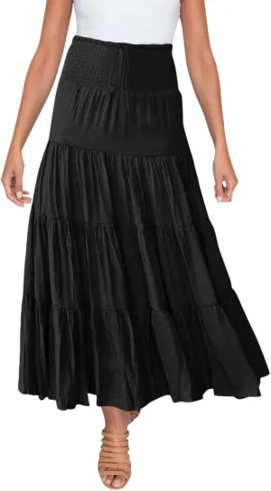 Women's Boho Elastic High Waist Pleated A-line Ruffle Midi Maxi Skirt Summer Flowy Casual Skirts Beach Holiday