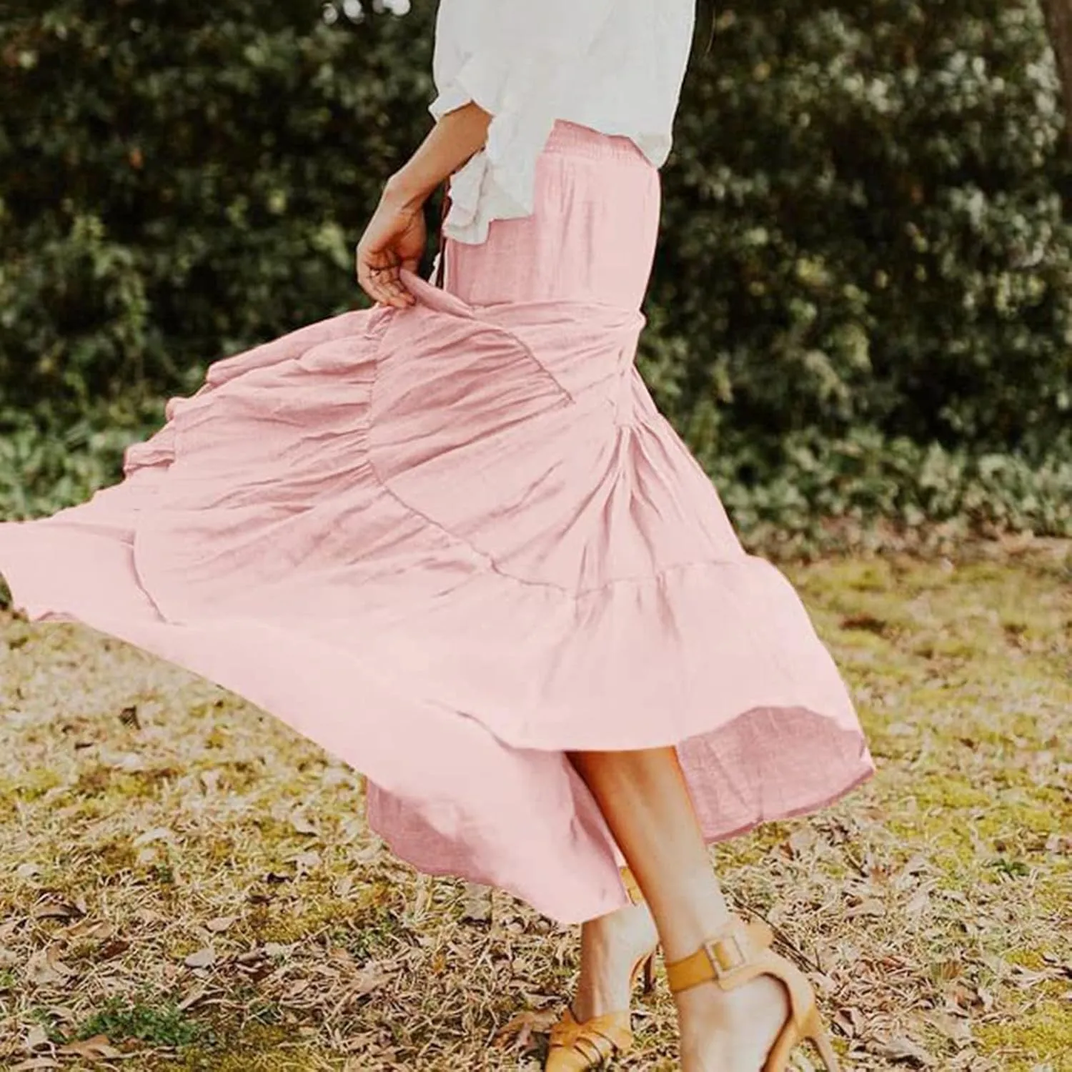Women's Boho Elastic High Waist Pleated A-line Ruffle Midi Maxi Skirt Summer Flowy Casual Skirts Beach Holiday