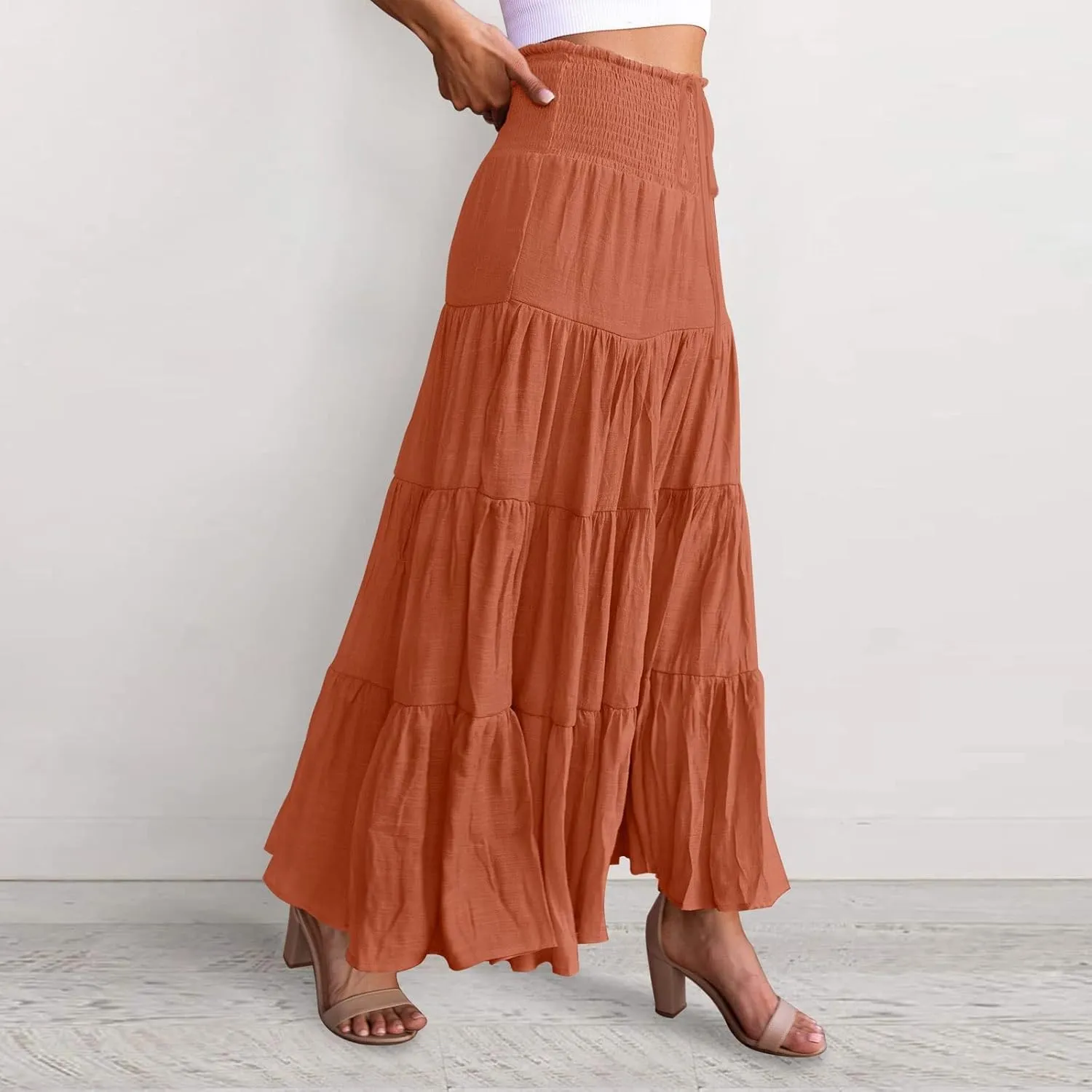Women's Boho Elastic High Waist Pleated A-line Ruffle Midi Maxi Skirt Summer Flowy Casual Skirts Beach Holiday