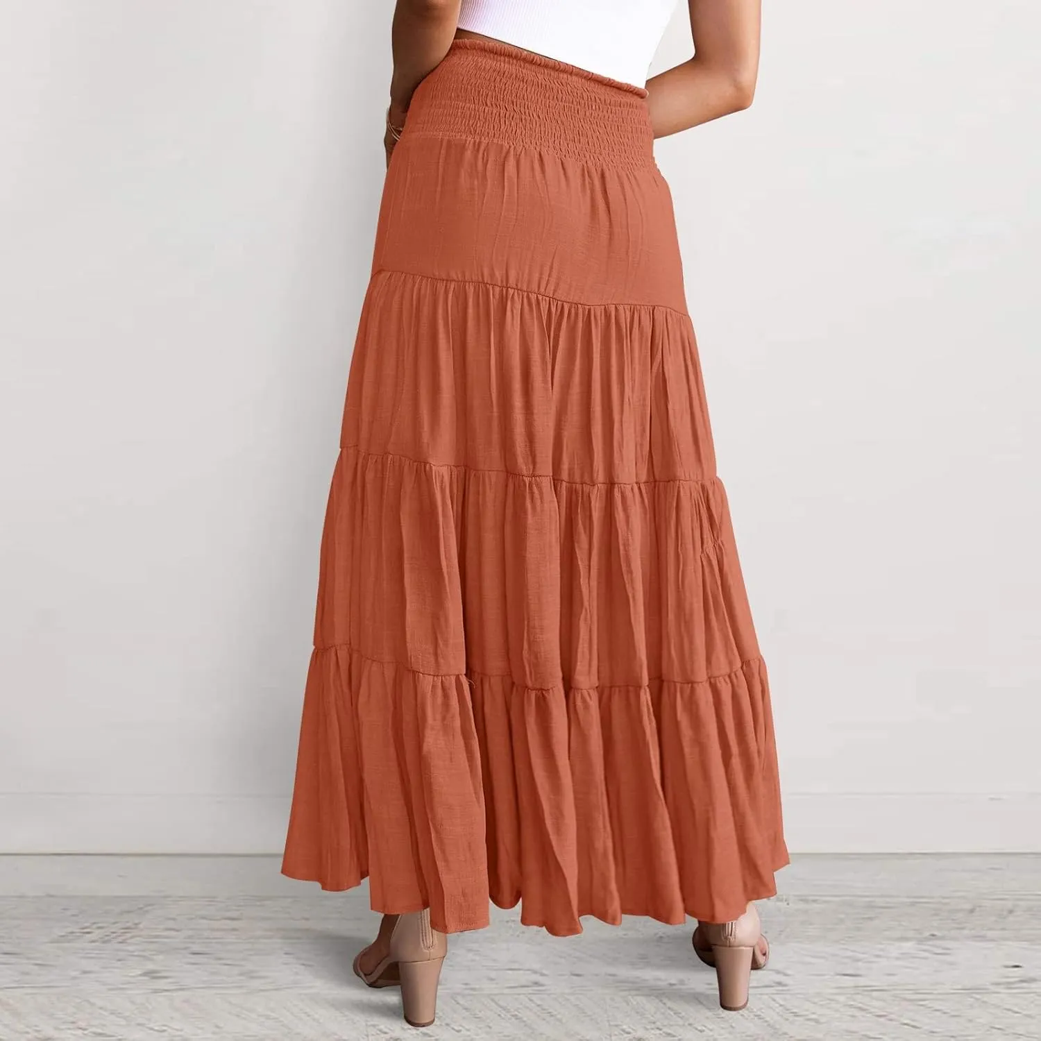 Women's Boho Elastic High Waist Pleated A-line Ruffle Midi Maxi Skirt Summer Flowy Casual Skirts Beach Holiday