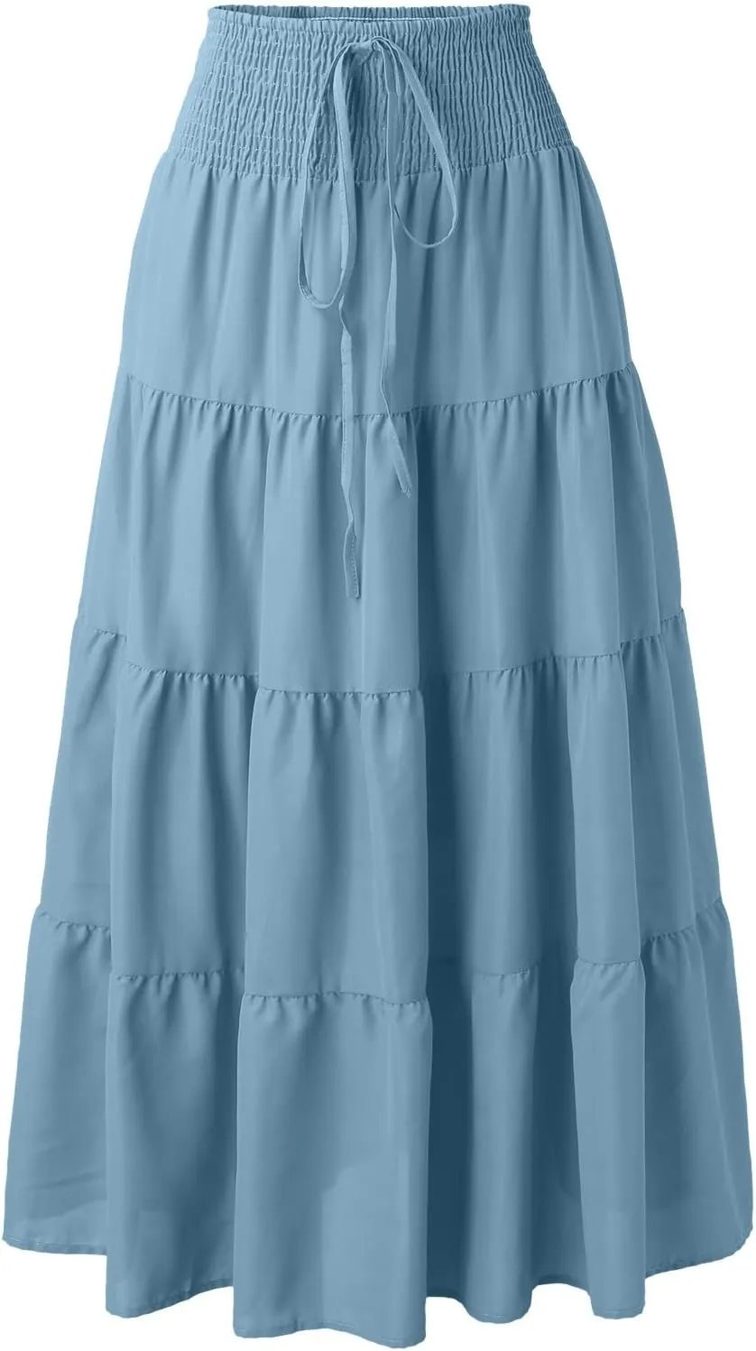 Women's Boho Elastic High Waist Pleated A-line Ruffle Midi Maxi Skirt Summer Flowy Casual Skirts Beach Holiday