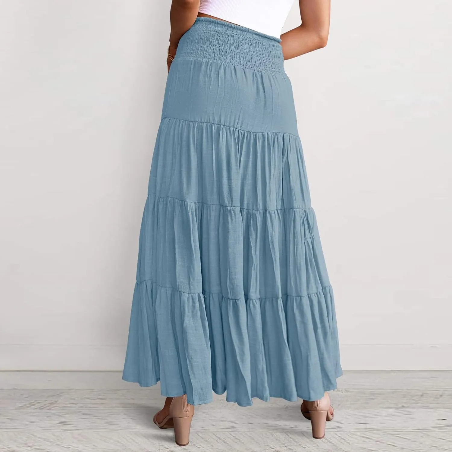 Women's Boho Elastic High Waist Pleated A-line Ruffle Midi Maxi Skirt Summer Flowy Casual Skirts Beach Holiday