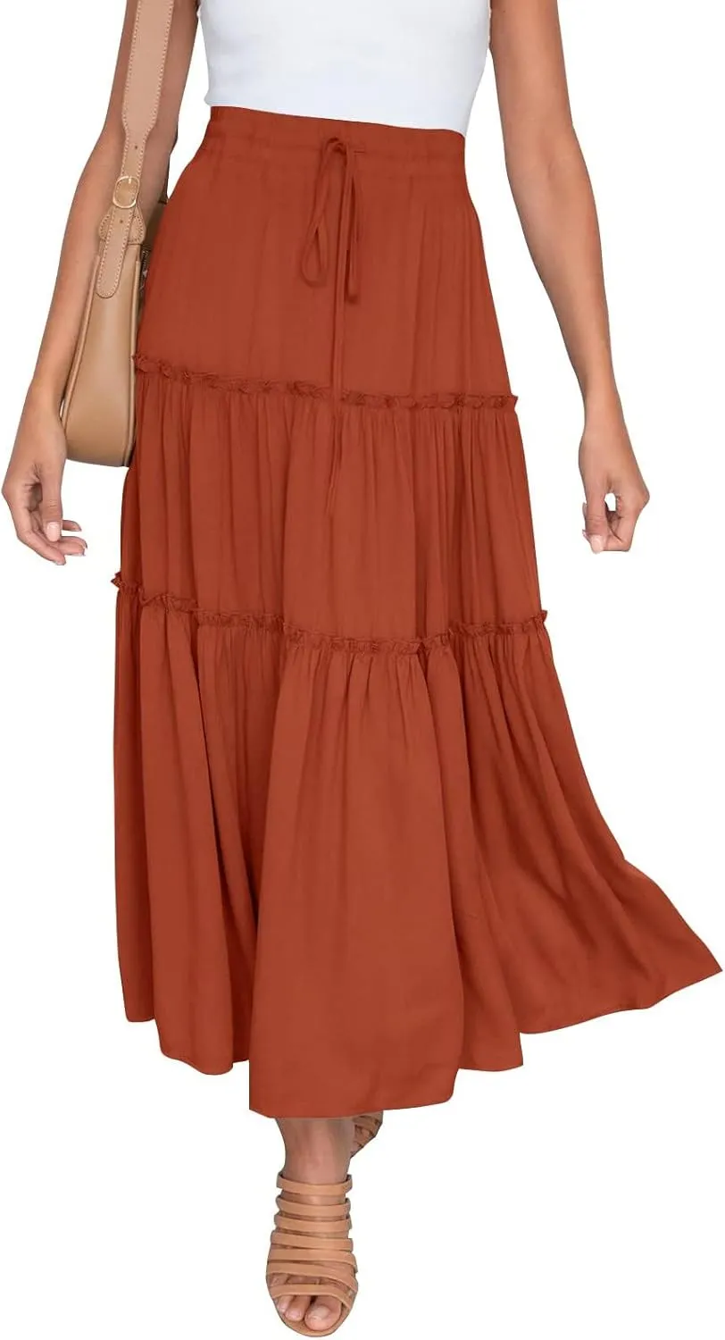 Women's Boho Elastic High Waist Pleated A-line Ruffle Midi Maxi Skirt Summer Flowy Casual Skirts Beach Holiday
