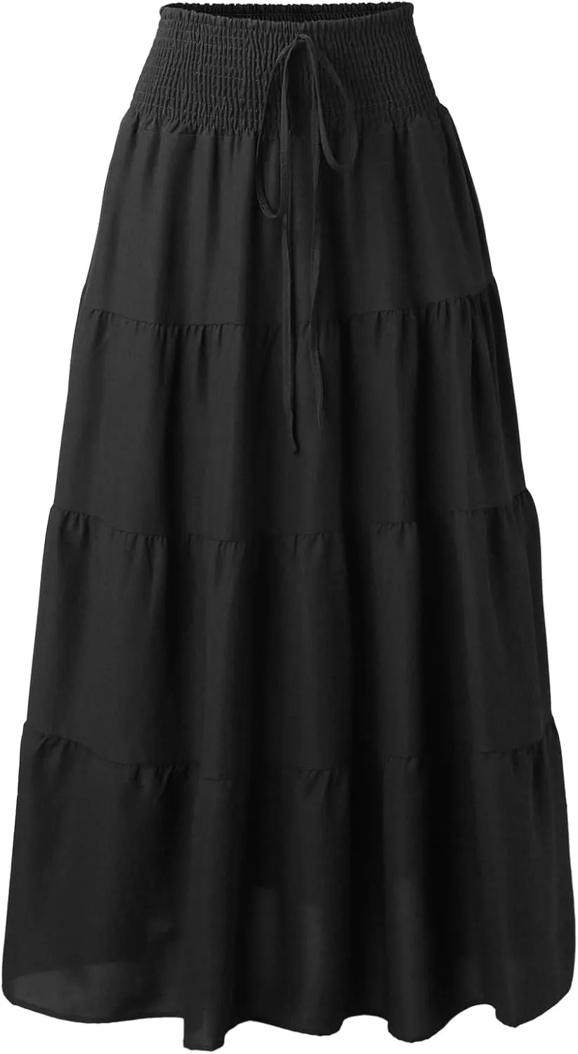 Women's Boho Elastic High Waist Pleated A-line Ruffle Midi Maxi Skirt Summer Flowy Casual Skirts Beach Holiday