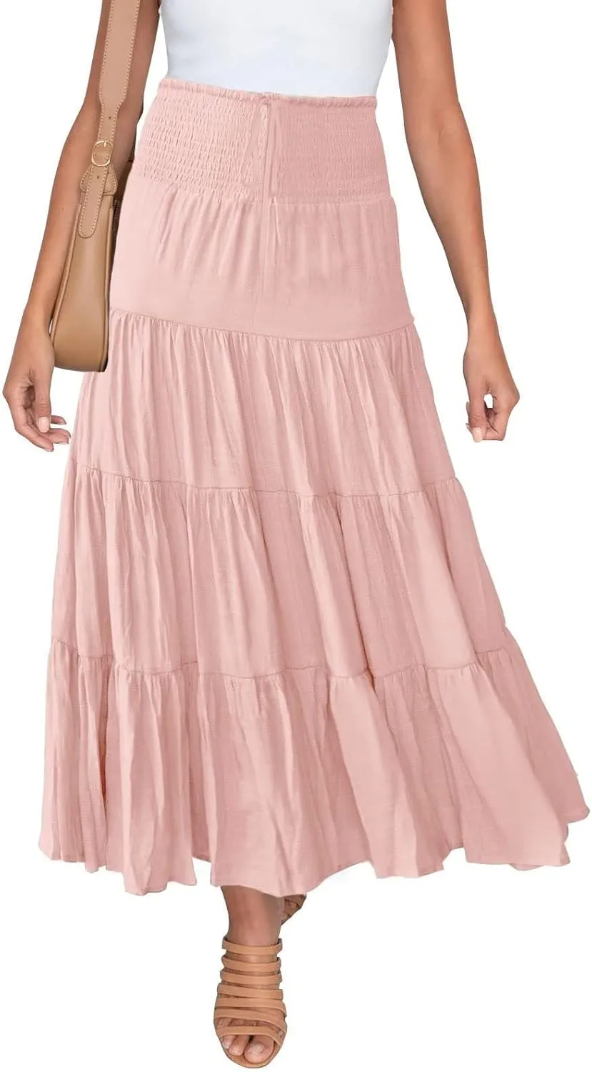 Women's Boho Elastic High Waist Pleated A-line Ruffle Midi Maxi Skirt Summer Flowy Casual Skirts Beach Holiday
