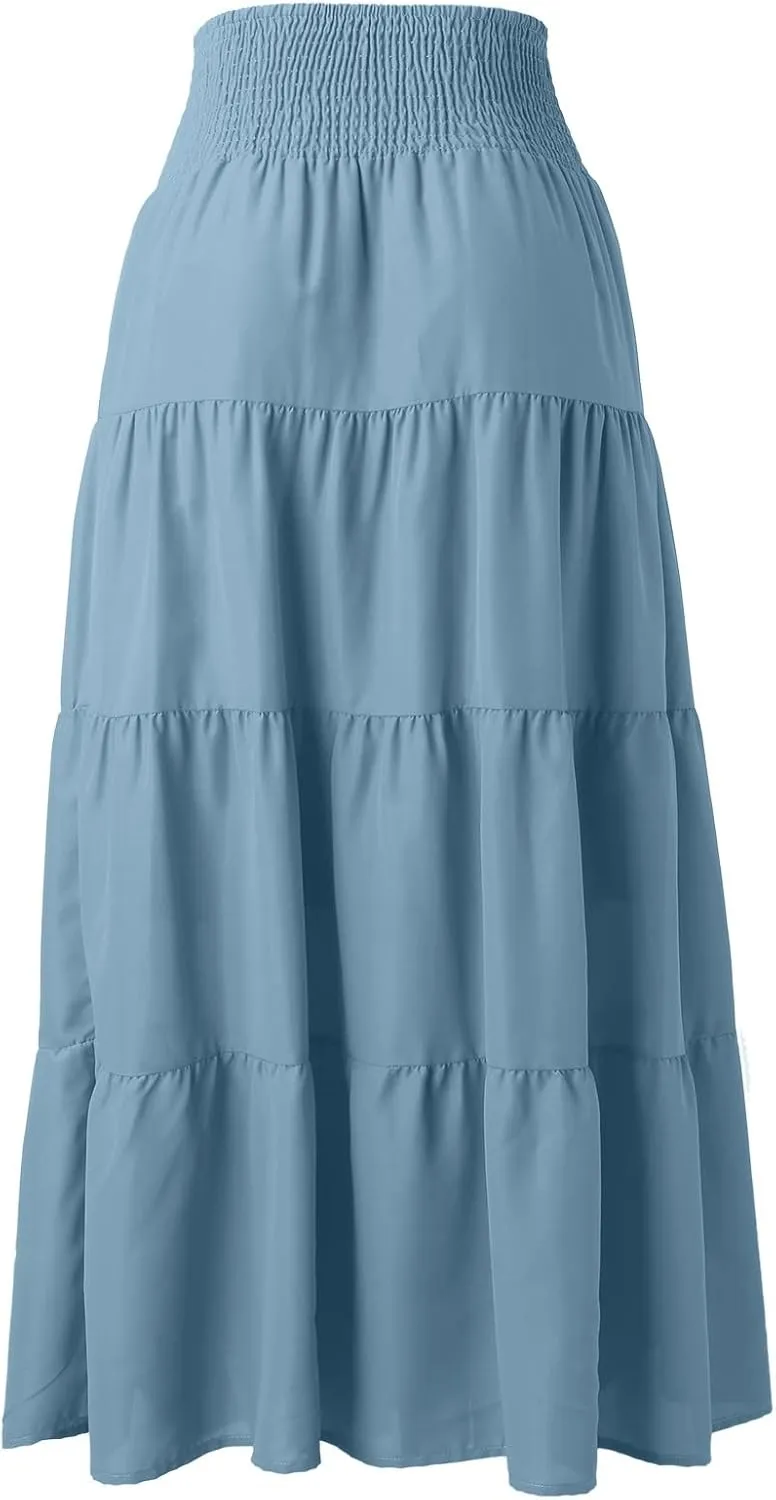 Women's Boho Elastic High Waist Pleated A-line Ruffle Midi Maxi Skirt Summer Flowy Casual Skirts Beach Holiday