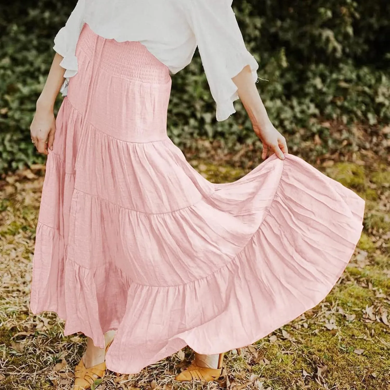 Women's Boho Elastic High Waist Pleated A-line Ruffle Midi Maxi Skirt Summer Flowy Casual Skirts Beach Holiday