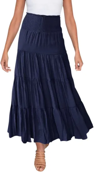 Women's Boho Elastic High Waist Pleated A-line Ruffle Midi Maxi Skirt Summer Flowy Casual Skirts Beach Holiday