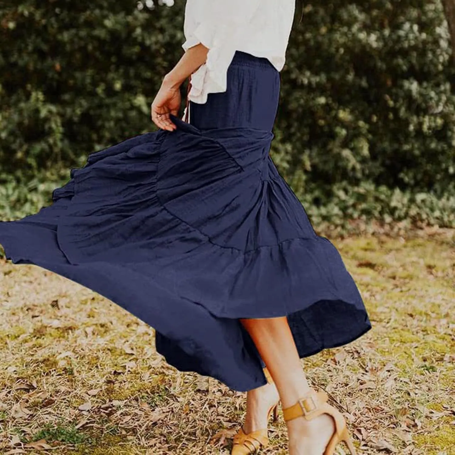 Women's Boho Elastic High Waist Pleated A-line Ruffle Midi Maxi Skirt Summer Flowy Casual Skirts Beach Holiday