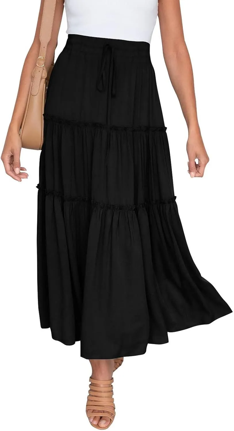 Women's Boho Elastic High Waist Pleated A-line Ruffle Midi Maxi Skirt Summer Flowy Casual Skirts Beach Holiday