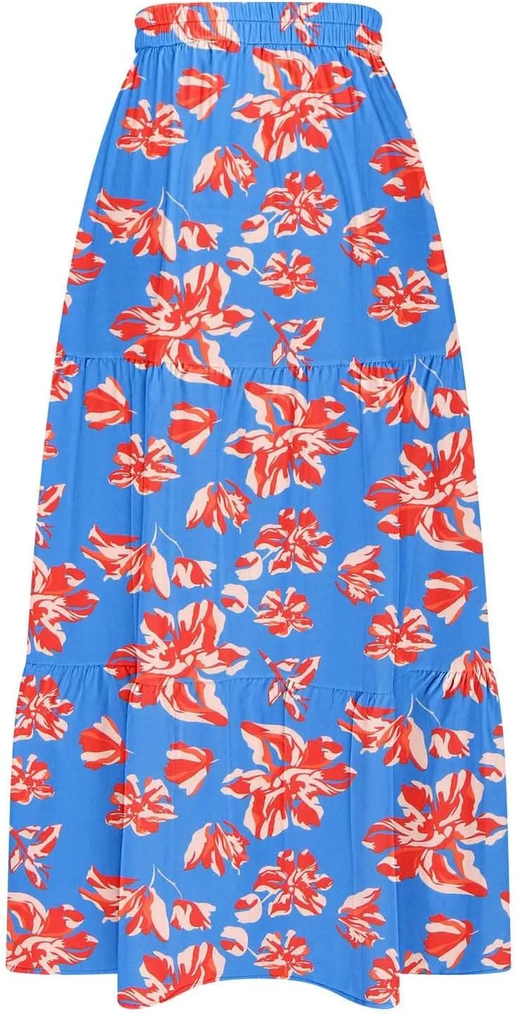 Womens Boho Floral A-Line Skirts Summer Elastic High Waist Flowy Maxi Skirts Split Side Elegant Vacation Beach Skirt