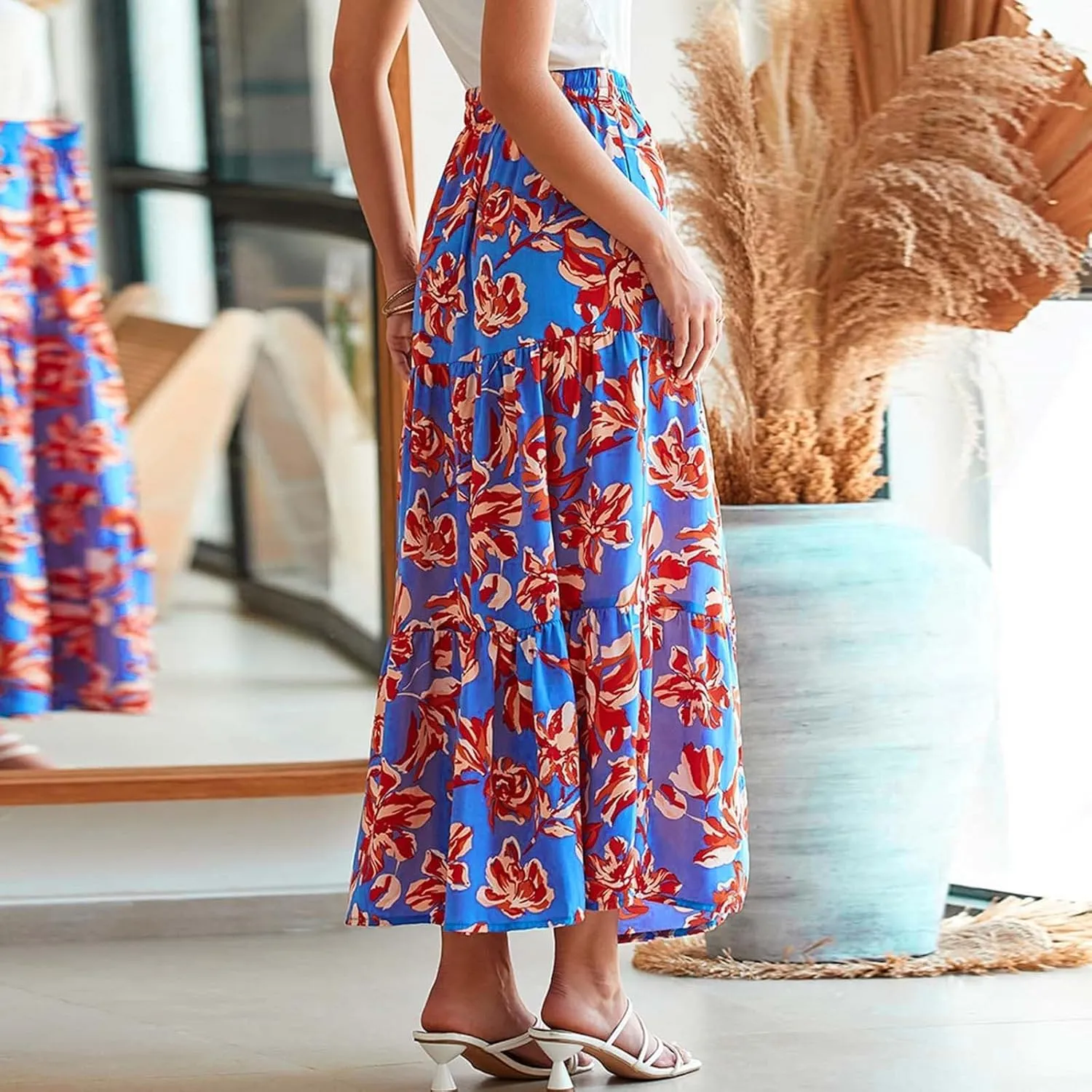Womens Boho Floral A-Line Skirts Summer Elastic High Waist Flowy Maxi Skirts Split Side Elegant Vacation Beach Skirt