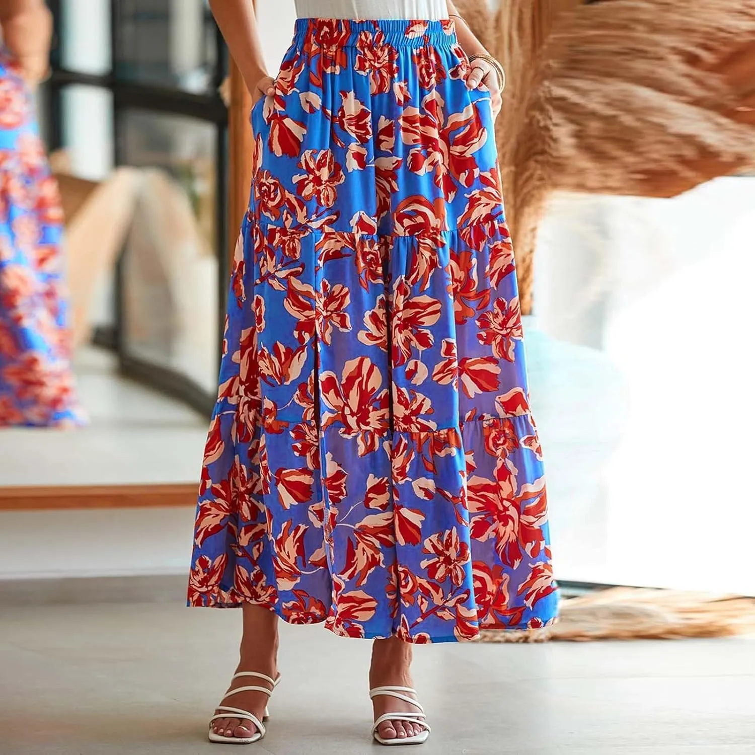 Womens Boho Floral A-Line Skirts Summer Elastic High Waist Flowy Maxi Skirts Split Side Elegant Vacation Beach Skirt
