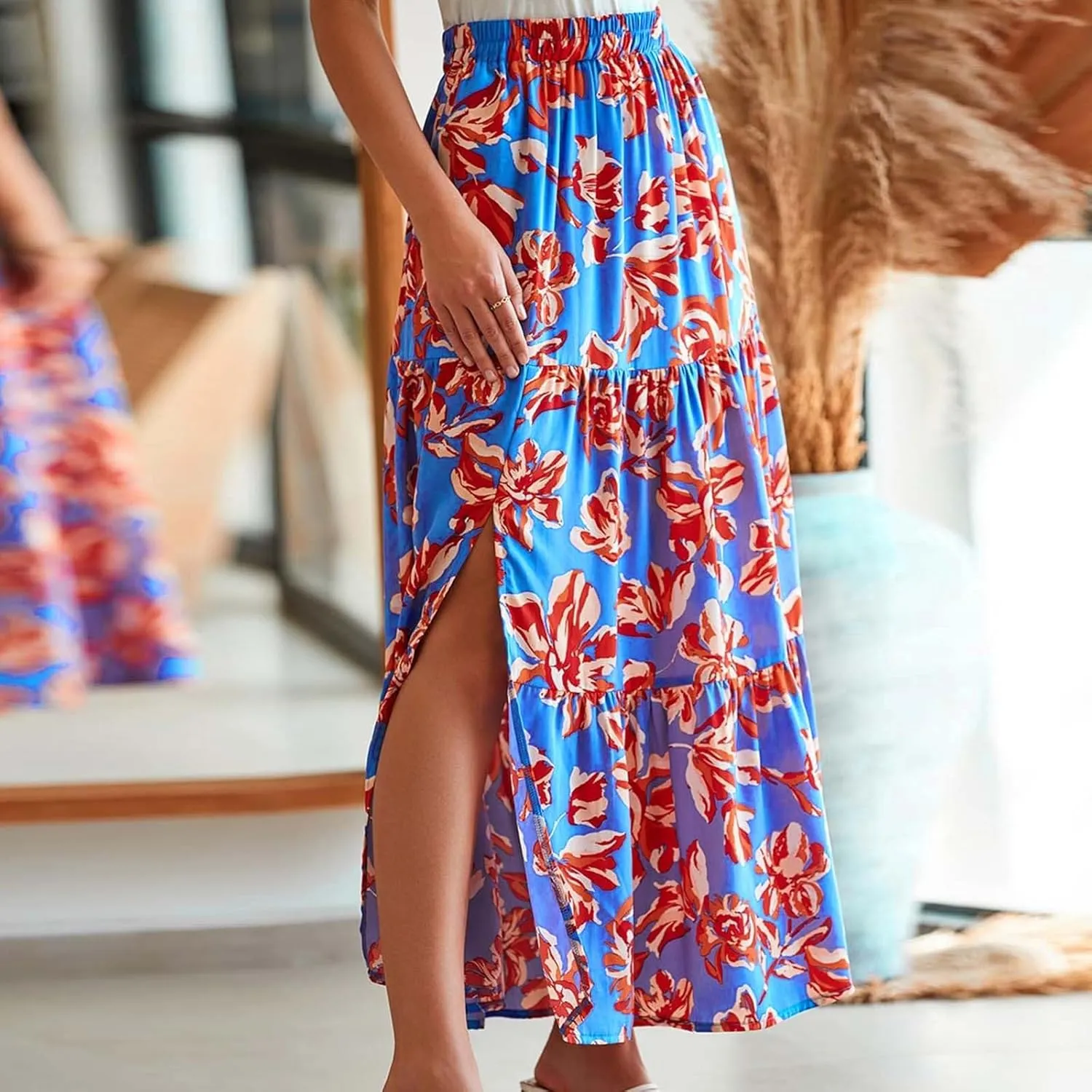 Womens Boho Floral A-Line Skirts Summer Elastic High Waist Flowy Maxi Skirts Split Side Elegant Vacation Beach Skirt