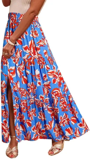 Womens Boho Floral A-Line Skirts Summer Elastic High Waist Flowy Maxi Skirts Split Side Elegant Vacation Beach Skirt