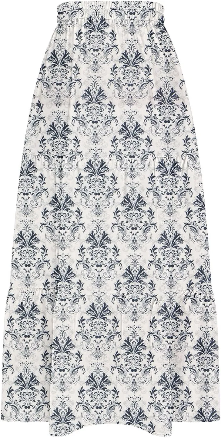 Women's Boho Floral Maxi Skirts Summer Elastic High Waist Flowy A-Line Skirts Split Side Vacation Beach Long Skirt
