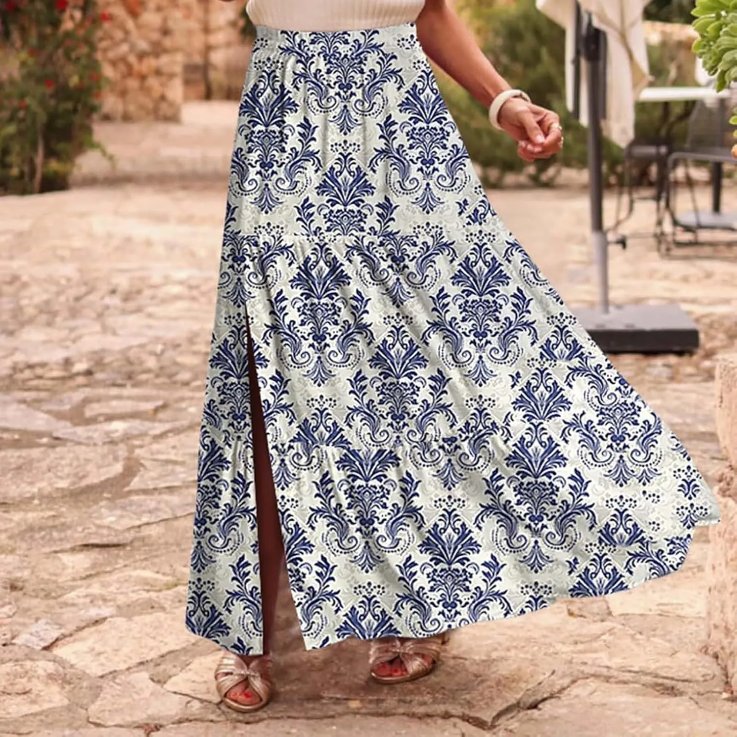 Women's Boho Floral Maxi Skirts Summer Elastic High Waist Flowy A-Line Skirts Split Side Vacation Beach Long Skirt