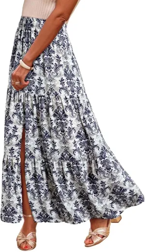 Women's Boho Floral Maxi Skirts Summer Elastic High Waist Flowy A-Line Skirts Split Side Vacation Beach Long Skirt